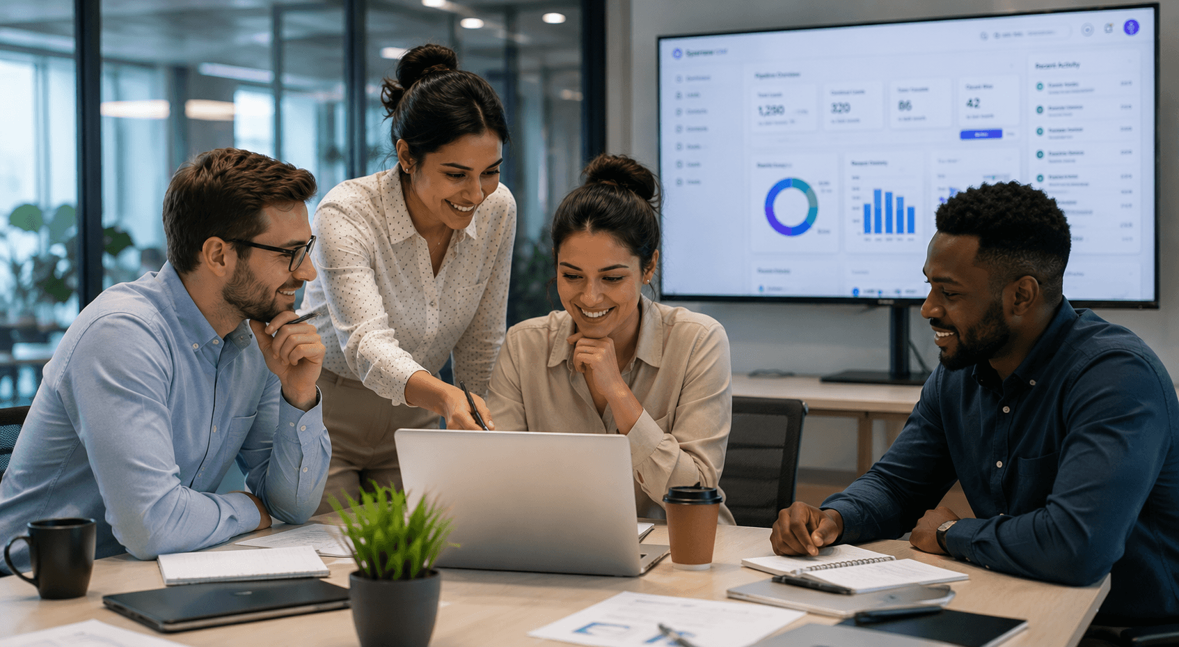 Sales team collaborating around a laptop in a modern office, reviewing lead management and CRM data on a dashboard screen during a strategy meeting.